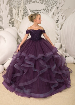 Beaded Purple Lace Tulle Ruffle Floor Length Flower Girl Dress